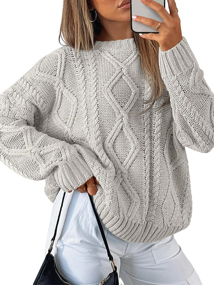 Women's Oversized Cable Knit Crewneck Sweaters - Cozy Fall Pullover Pastel Gray