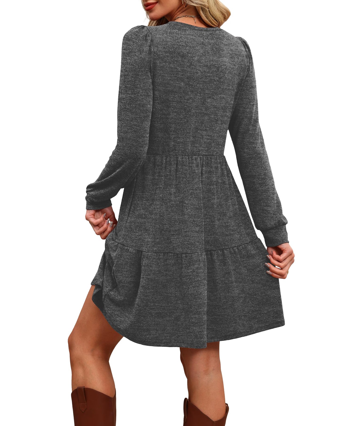 Women's Long Sleeve Fall Dresses with Pockets - Crew Neck Babydoll Casual Dress