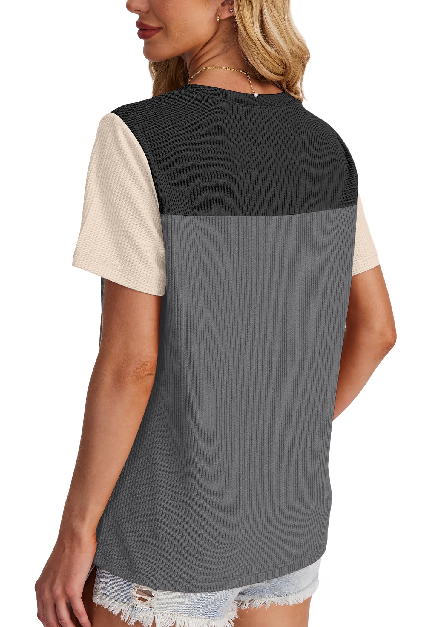 Women's Color Block Knit Shirt Short Sleeve Crewneck Top