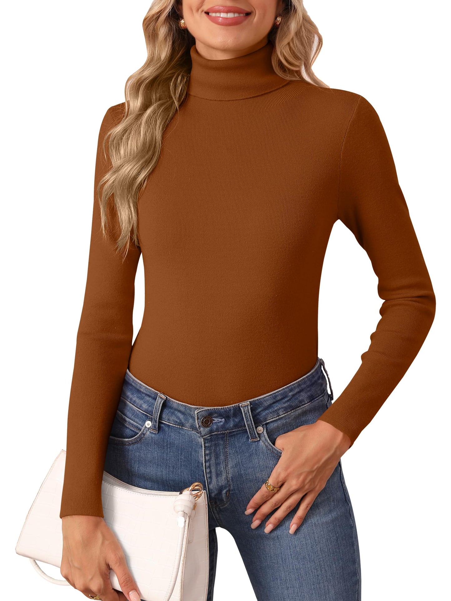 Women's Turtleneck Long Sleeve Shirt - Thermal Underwear Top for Fall Winter Caramel