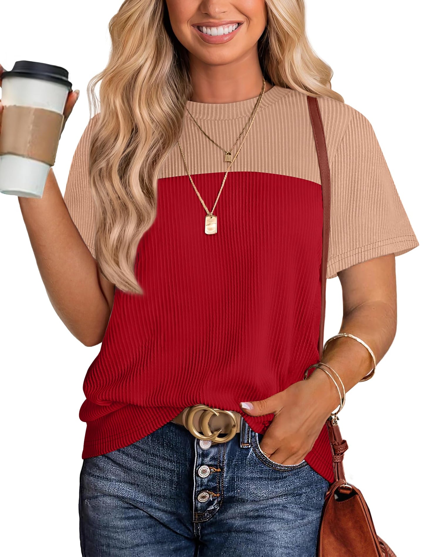Women's Color Block Knit Shirt Short Sleeve Crewneck Top Red
