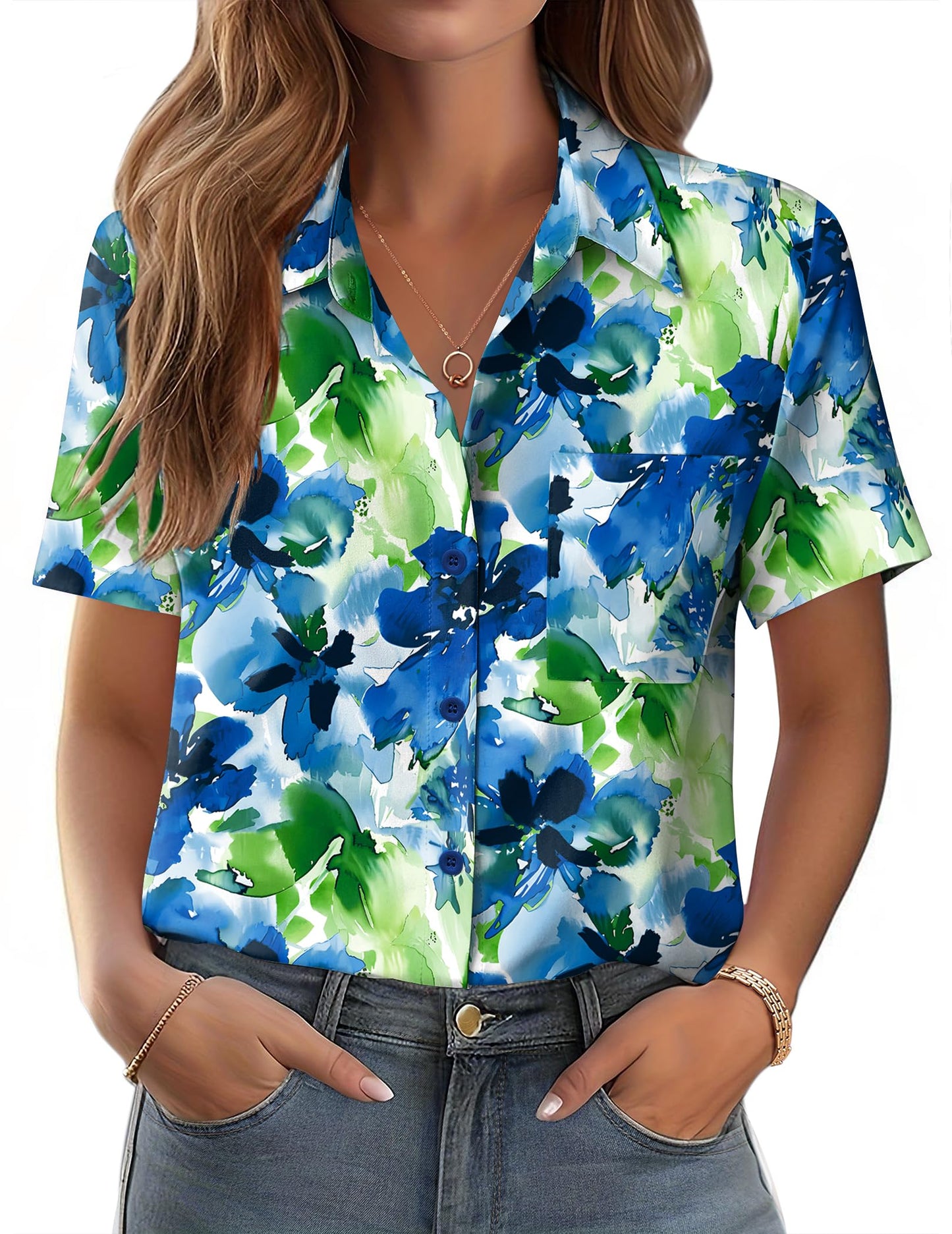 Polyester Blouse - Women's Button Down Shirt Short Sleeve Business Casual Blouse with Chest Pocket