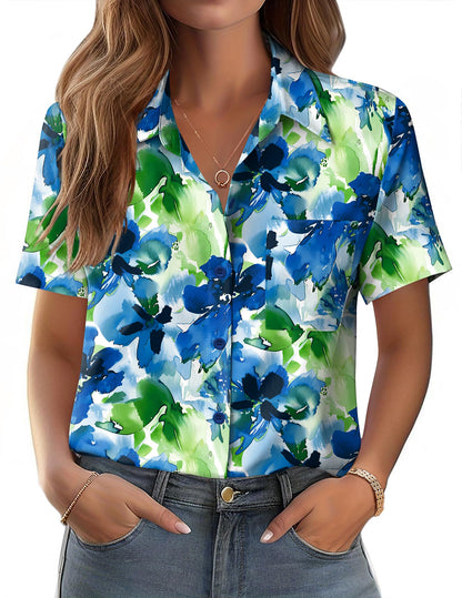 Polyester Blouse - Women's Button Down Shirt Short Sleeve Business Casual Blouse with Chest Pocket Wf32