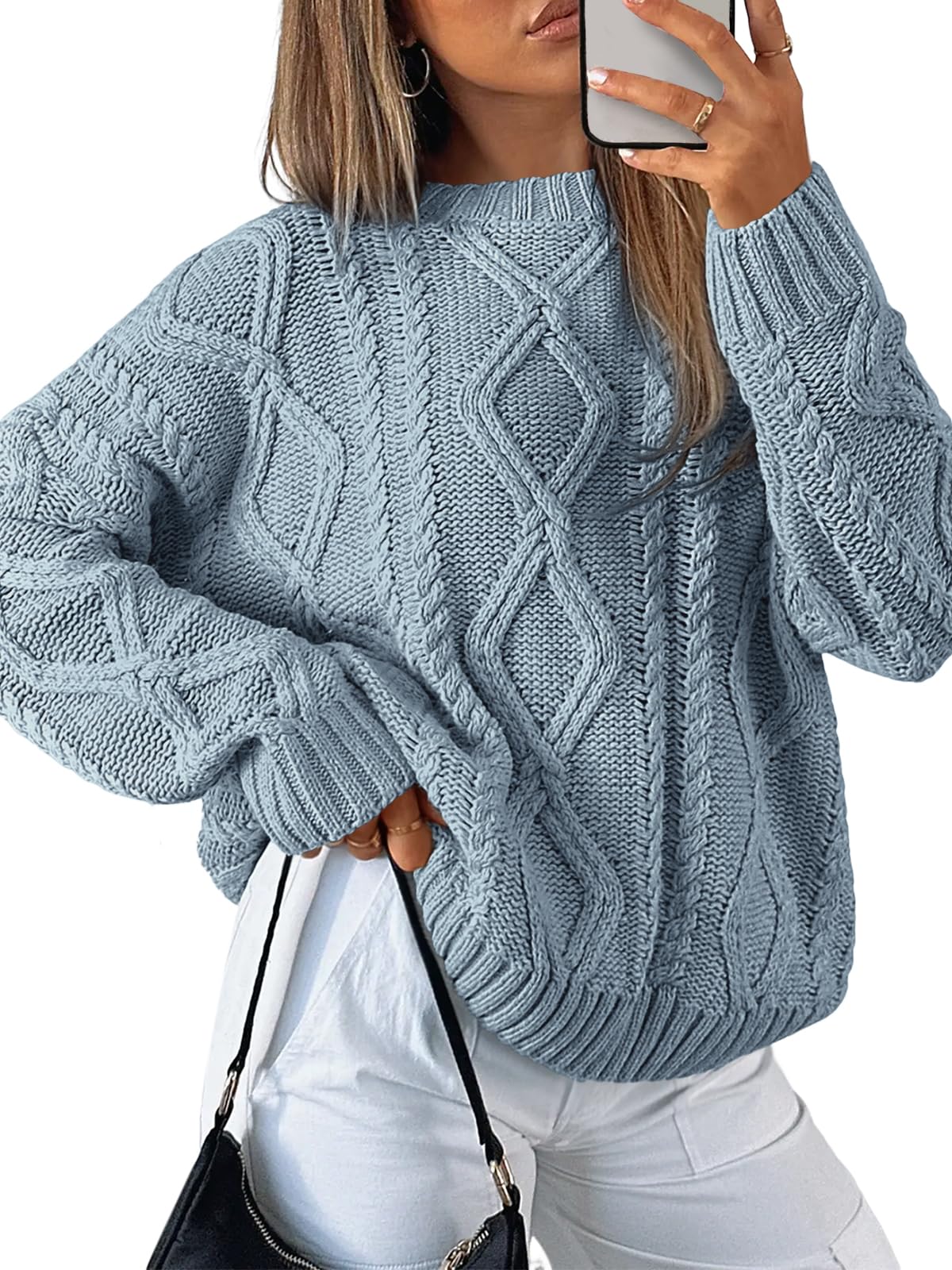 Women's Oversized Cable Knit Crewneck Sweaters - Cozy Fall Pullover Dusty Blue