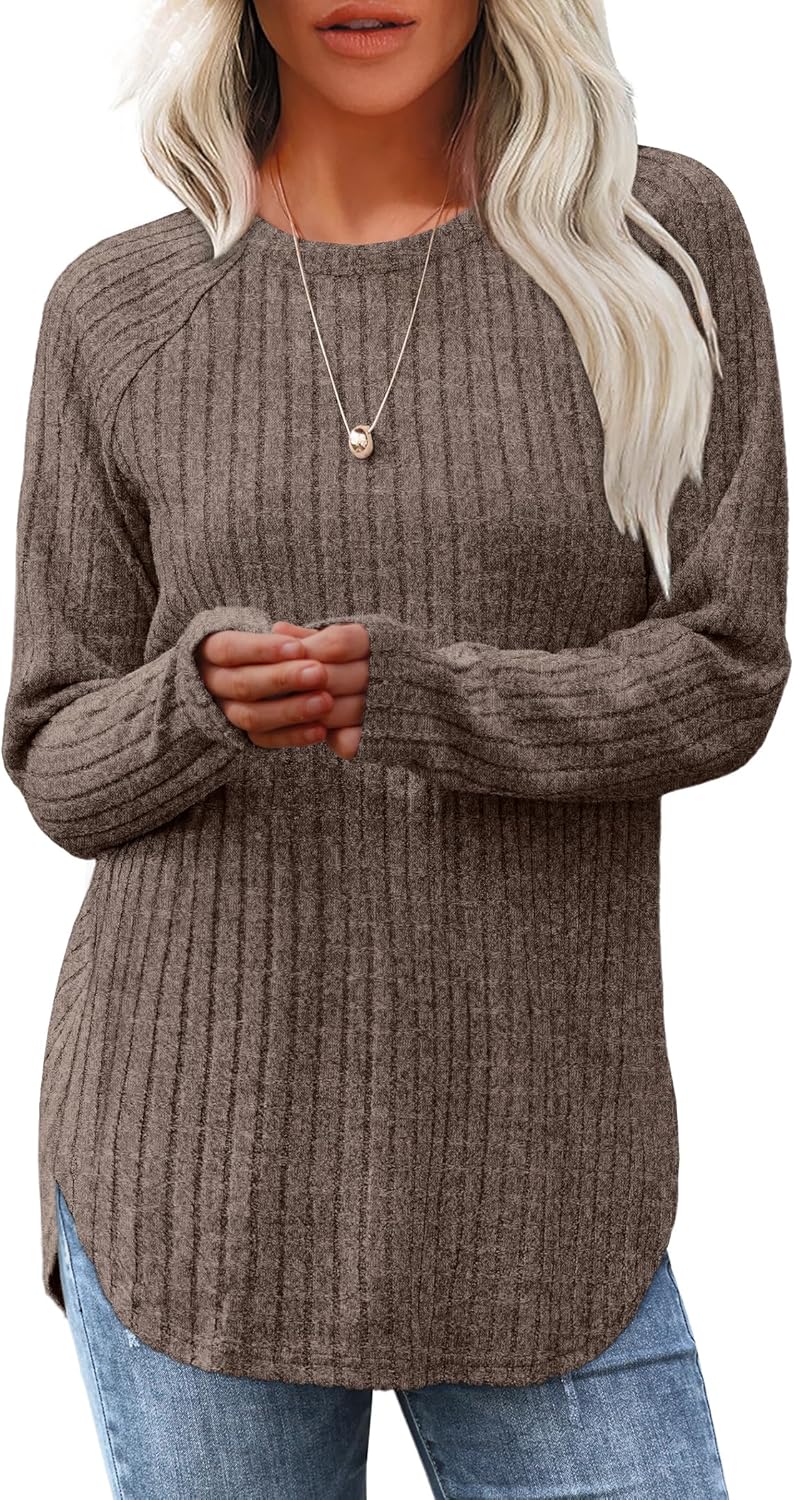 Women's Long Sleeve Tunic Tops - Loose Fit Crewneck Pullover with Curved Hem Brown