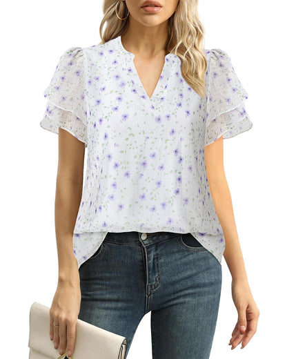 Polyester Blouses - Women's Chiffon Blouse V-Neck Puff Sleeve Summer Top for Work and Casual Wear