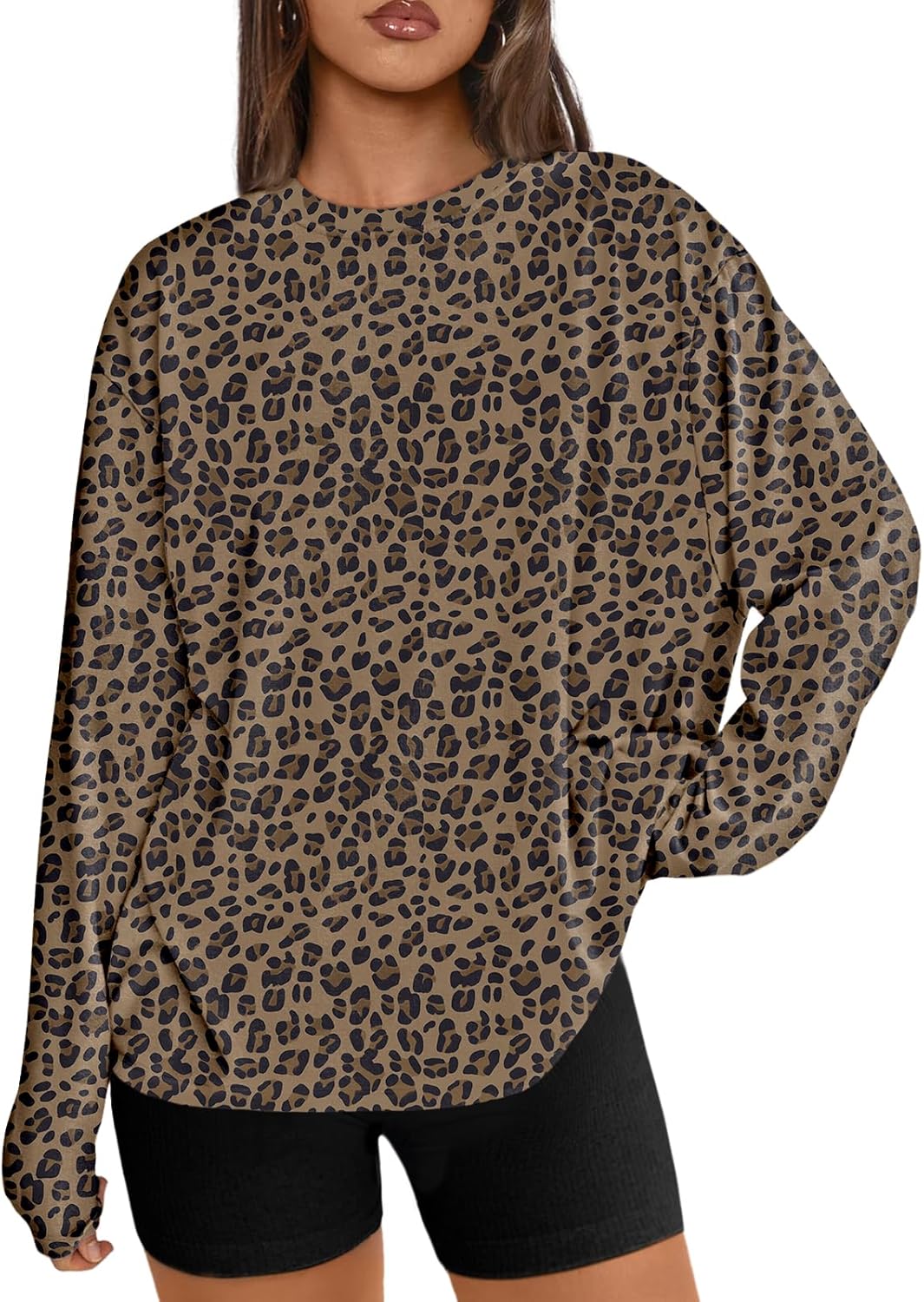Women's Oversized Long Sleeve T-Shirt Casual Crewneck Basic Tee Leopard