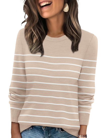 Women's Lightweight Sweaters - Long Sleeve Crewneck Pullover Tops S-apricot+white Striped