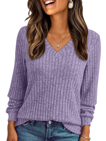 V Neck Long Sleeve Sweater for Women - Loose Fit Tunic Top for Fall & Winter Purple