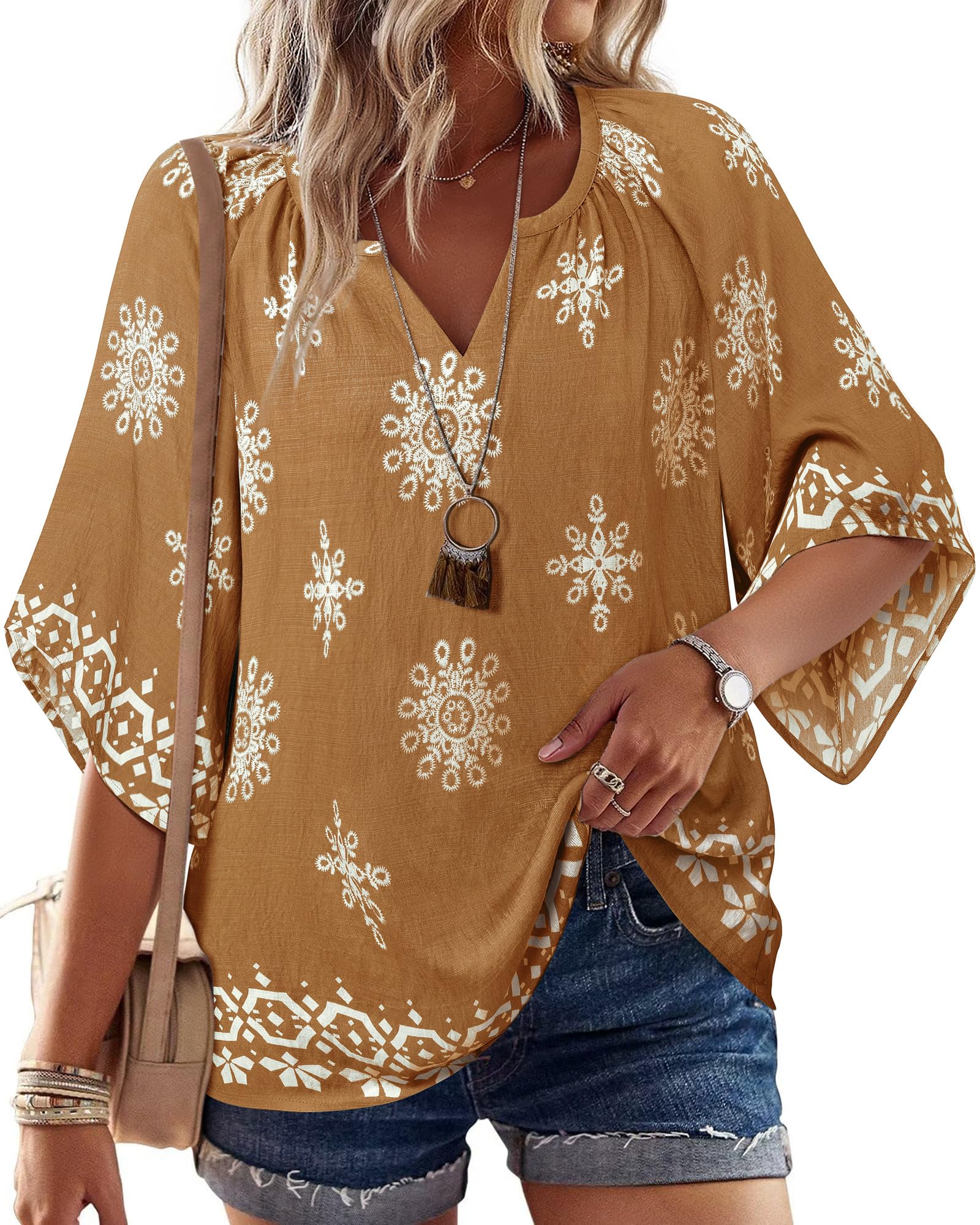Big & Tall Clothing - Women's 3/4 Sleeve V-Neck Bohemian Peasant Blouse Loose Fit Tunic Top