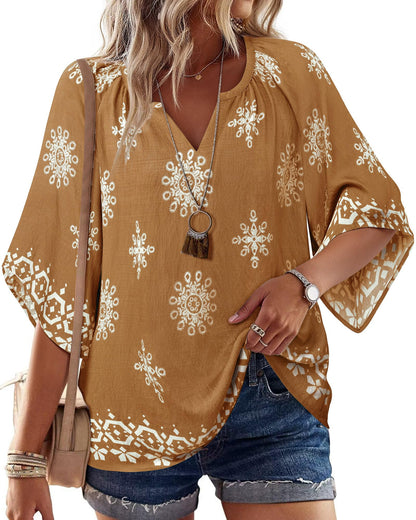 Big & Tall Clothing - Women's 3/4 Sleeve V-Neck Bohemian Peasant Blouse Loose Fit Tunic Top Multi Coffee