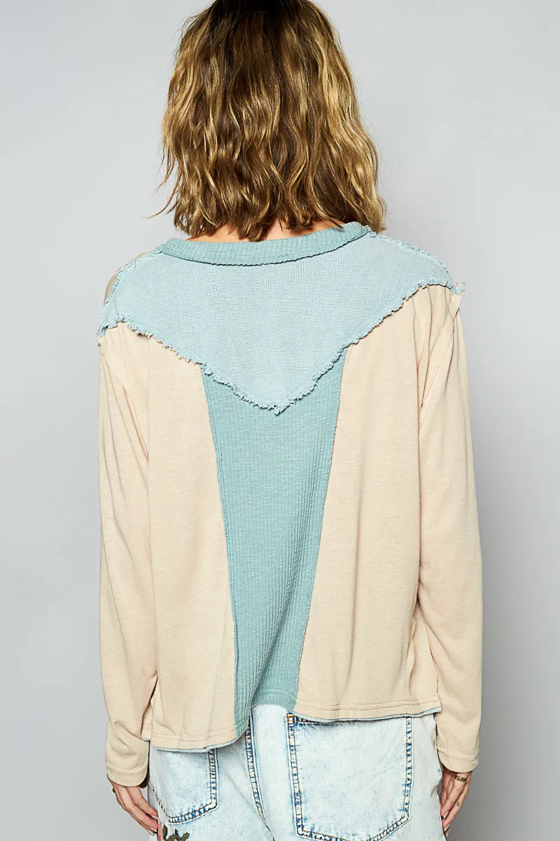 POL Color Block Notched Long Sleeve T-Shirt