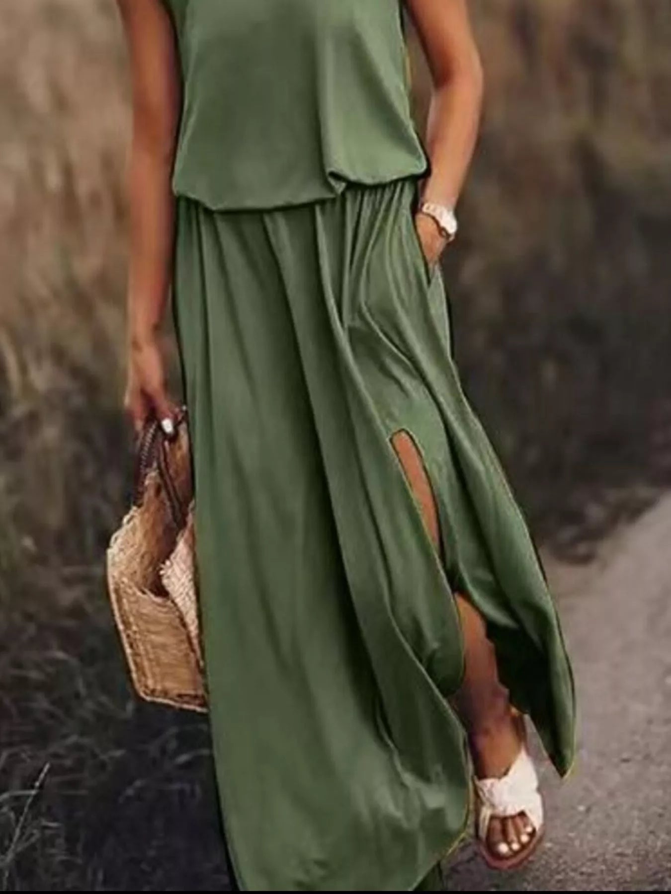 Full Size Round Neck Sleeveless Slit Maxi Dress Plus Size