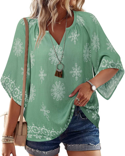 Big & Tall Clothing - Women's 3/4 Sleeve V-Neck Bohemian Peasant Blouse Loose Fit Tunic Top