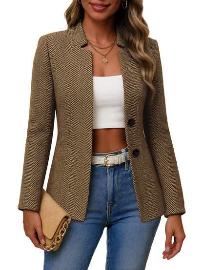 Women's Tweed Blazer Jacket - Open Front Stand Collar Professional Work Coat XX-Large Herringbone-khaki