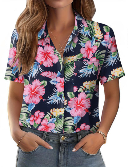 Polyester Blouse - Women's Button Down Shirt Short Sleeve Business Casual Blouse with Chest Pocket Hf60