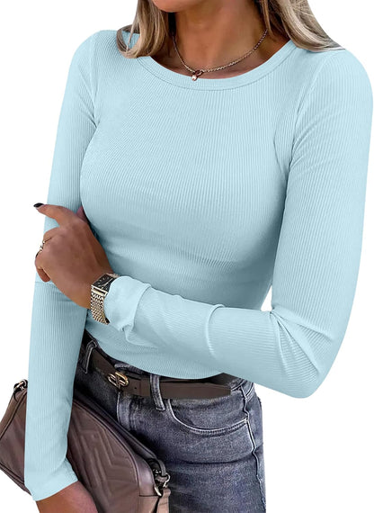 Women's Long Sleeve Rib Knit Shirt Slim Fit Crew Neck Basic Tee