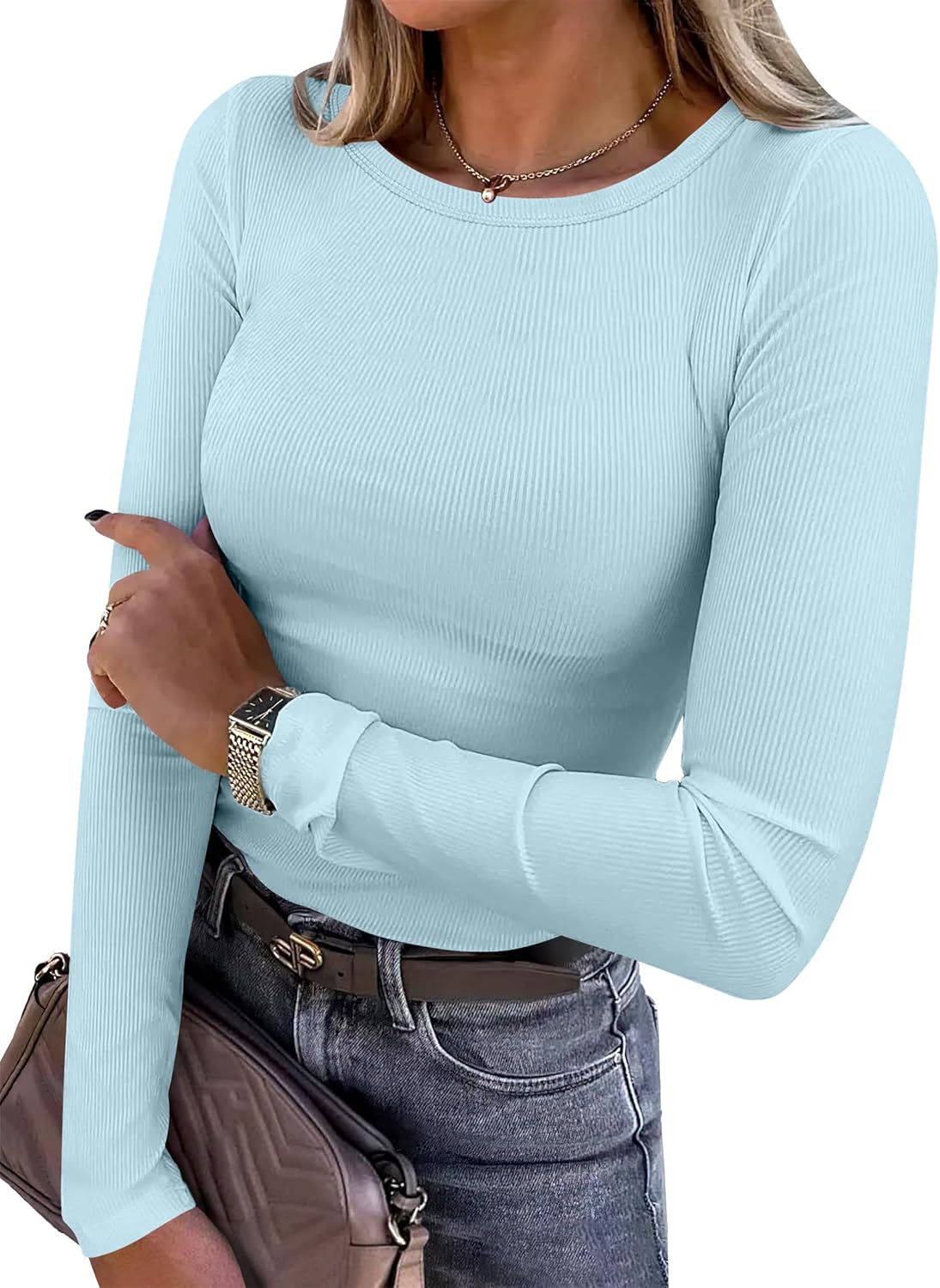 Women's Long Sleeve Rib Knit Shirt Slim Fit Crew Neck Basic Tee Sky