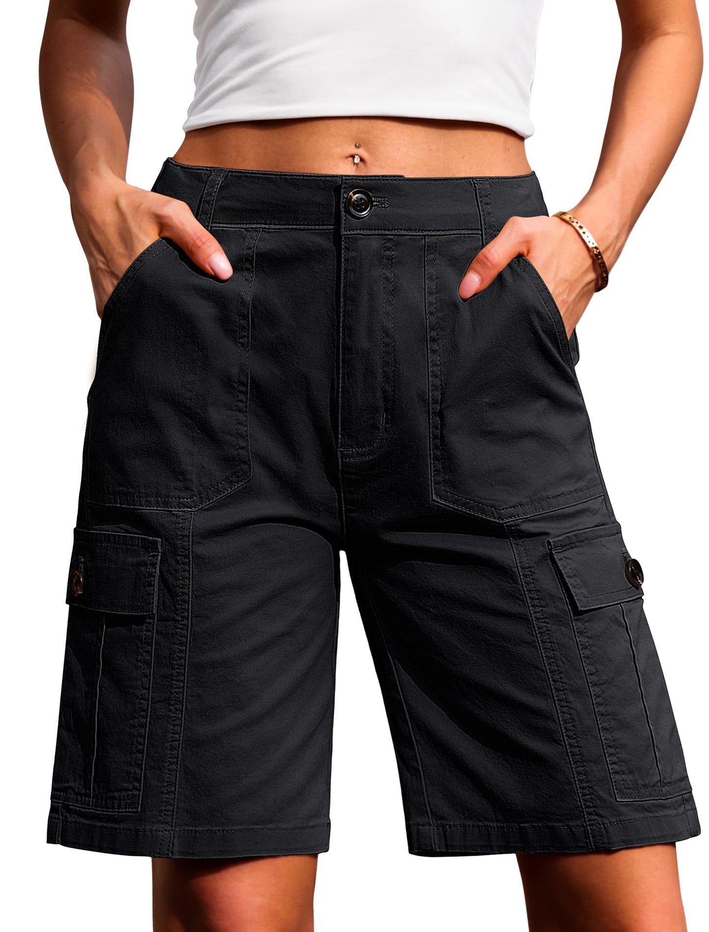 Women High Waisted Bermuda Cargo Shorts - 6 Pockets Stretchy Knee Length Summer Shorts