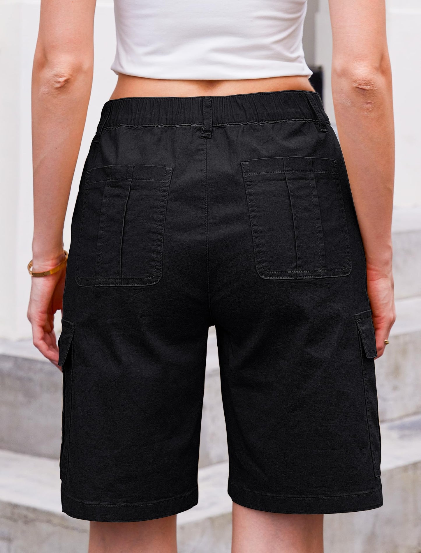 Women High Waisted Bermuda Cargo Shorts - 6 Pockets Stretchy Knee Length Summer Shorts