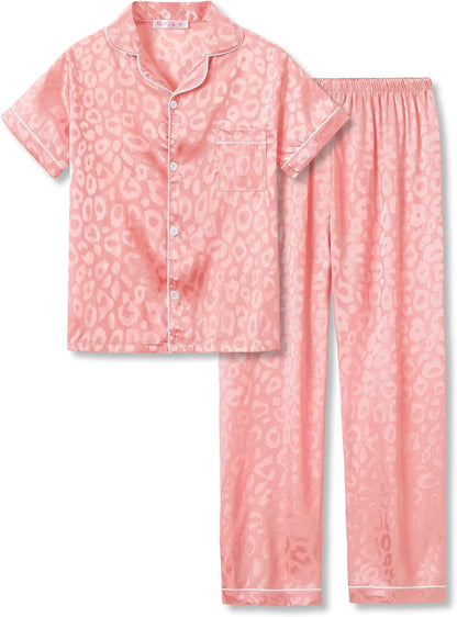 Girls Satin Pajama Set - Silky Button Down PJ with Shorts Size 6-16 Jacquard Pink Leopard (Short Sleeve & Pants)