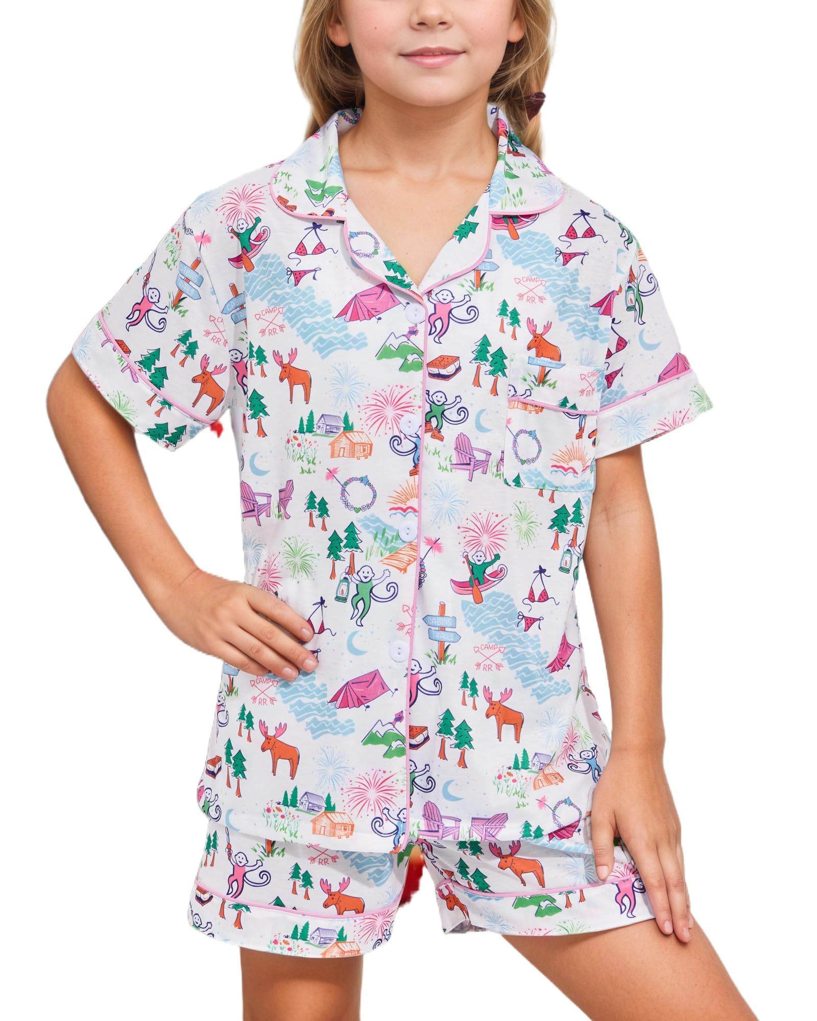Roller Rabbit Pajamas Kids - Girls Summer 2 Piece Set - Button Down Top and Shorts