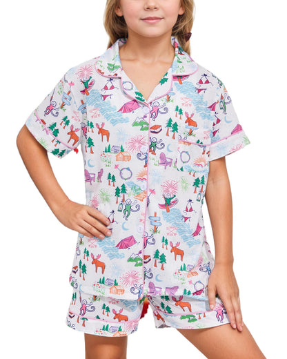 Roller Rabbit Pajamas Kids - Girls Summer 2 Piece Set - Button Down Top and Shorts Plum