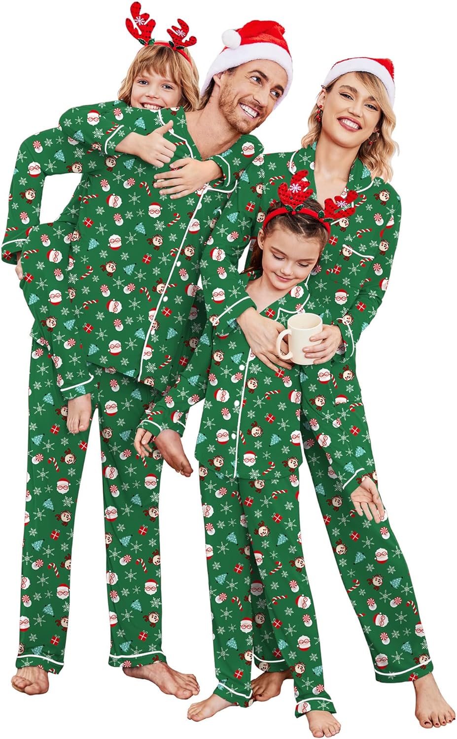Christmas Family Matching Pajamas - Long Sleeve Button Down PJ Set Deep Green Snowman 2