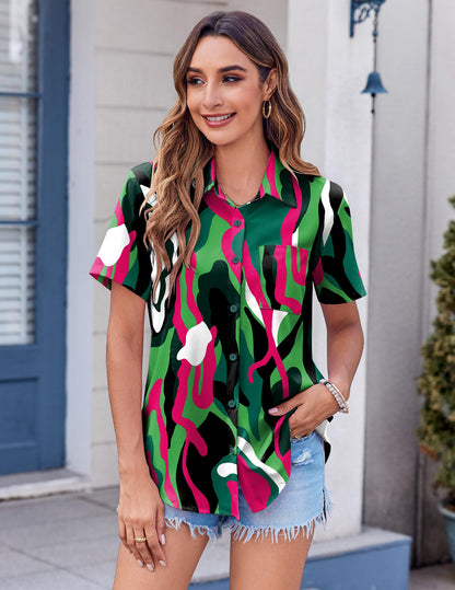 Polyester Blouse - Women's Button Down Shirt Short Sleeve Business Casual Blouse with Chest Pocket