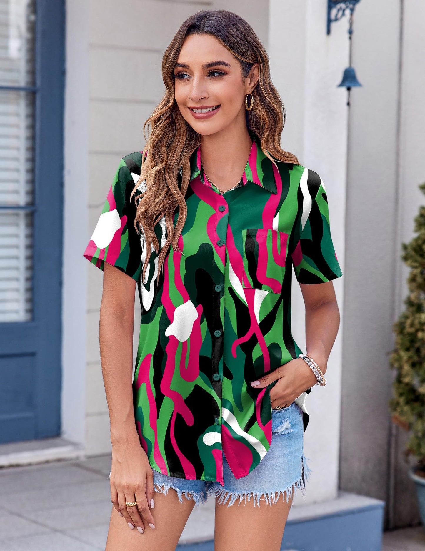 Polyester Blouse - Women's Button Down Shirt Short Sleeve Business Casual Blouse with Chest Pocket