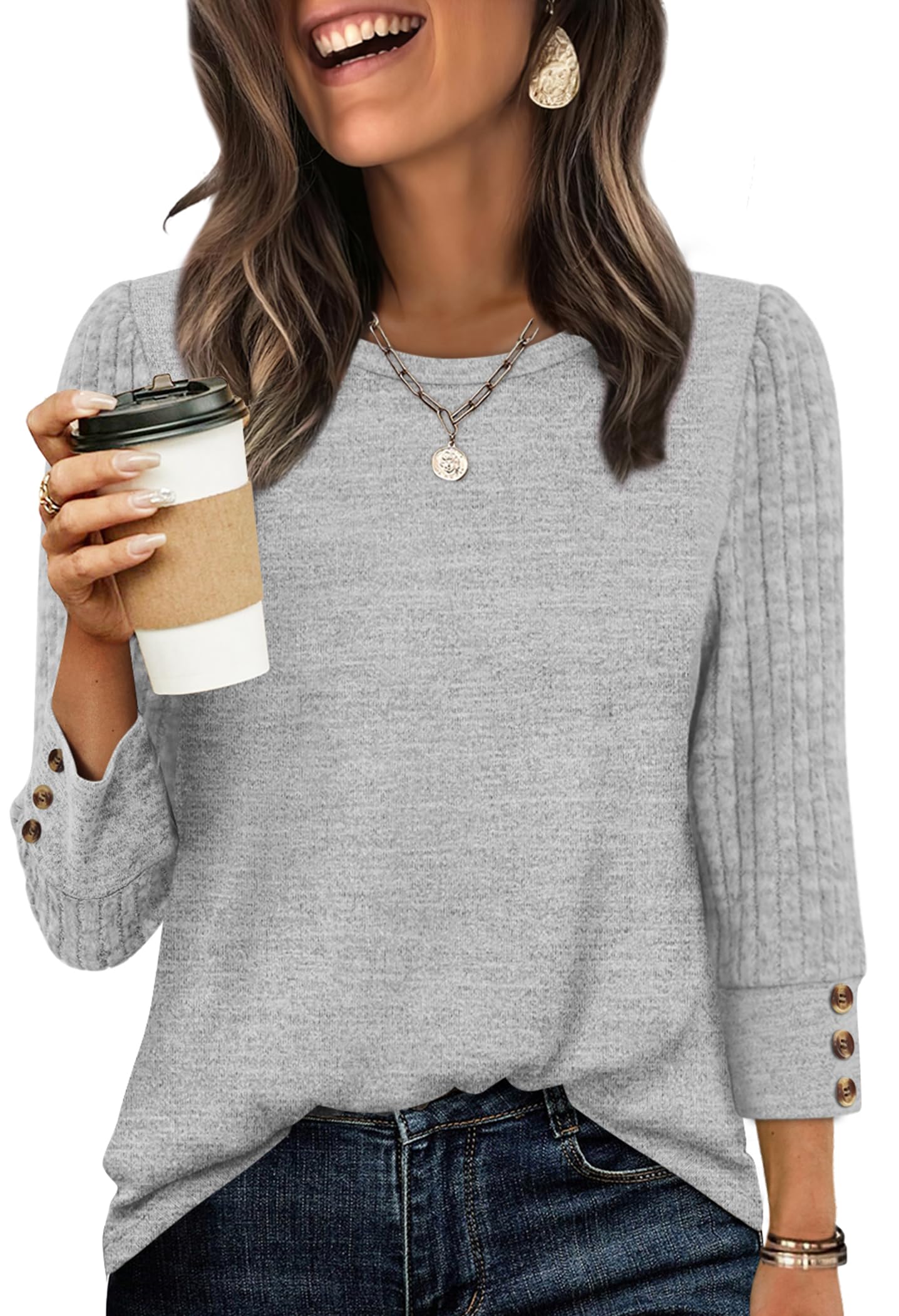 Women's Long Sleeve Shirts - Lightweight 3/4 Sleeve Sweaters with Buttons