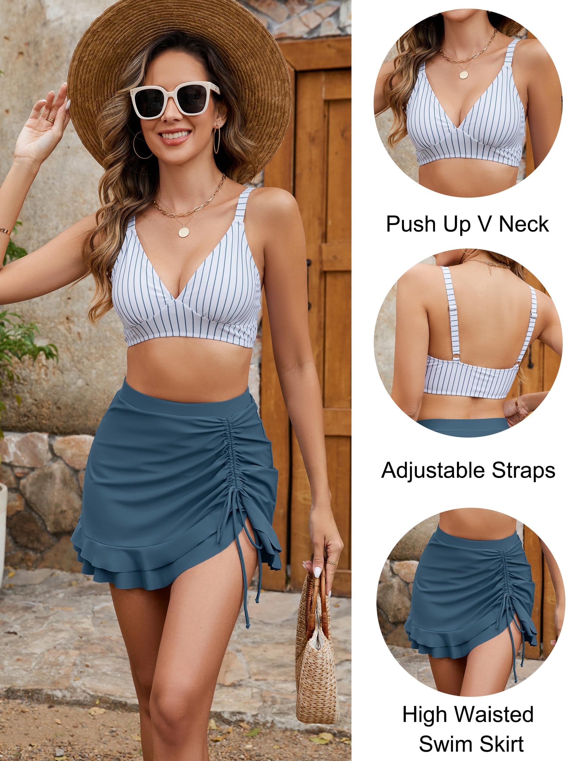 Women's High Waisted Bikini Set with Swim Skirt - Retro Gingham Tummy Control Swimsuit