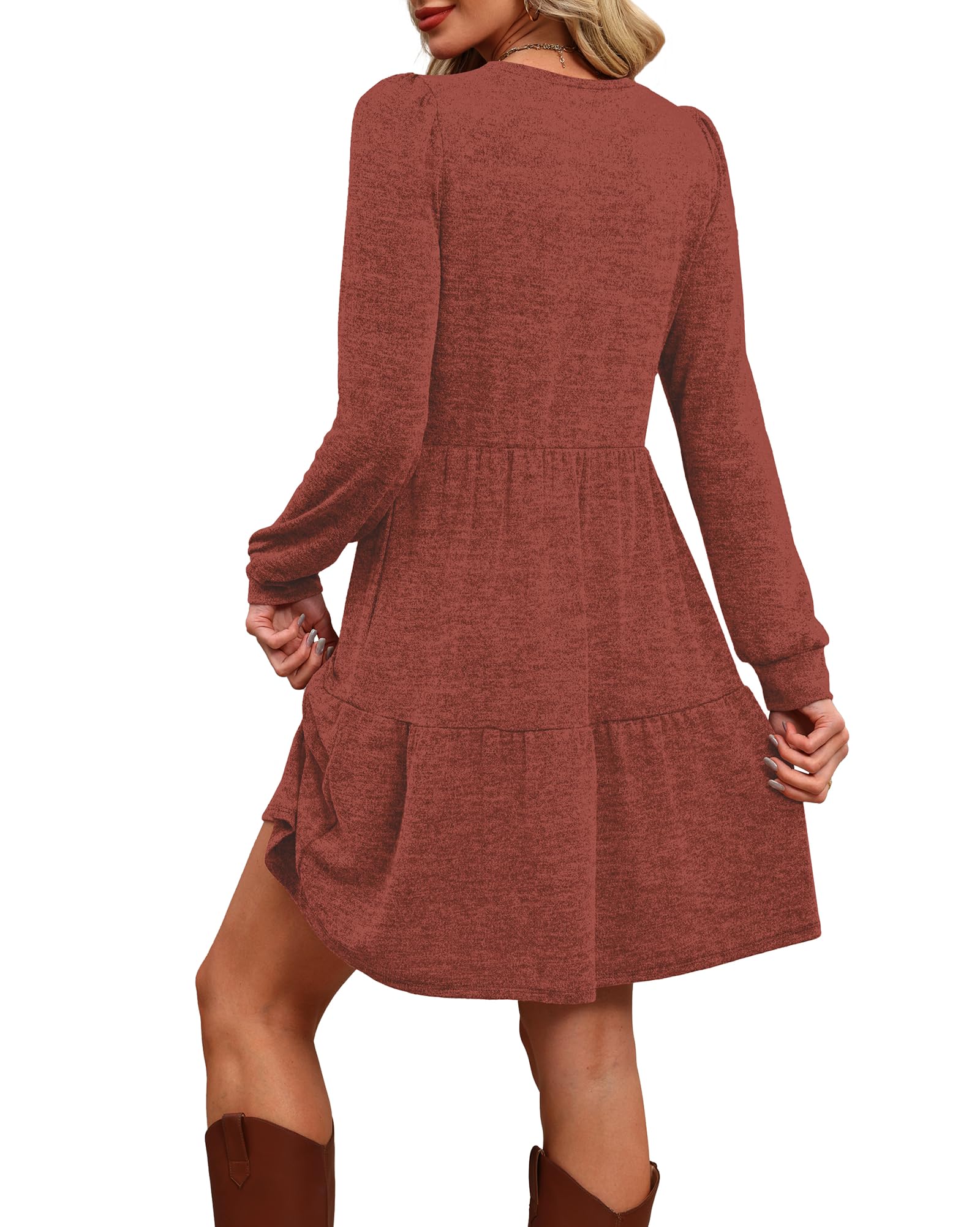 Women's Long Sleeve Fall Dresses with Pockets - Crew Neck Babydoll Casual Dress