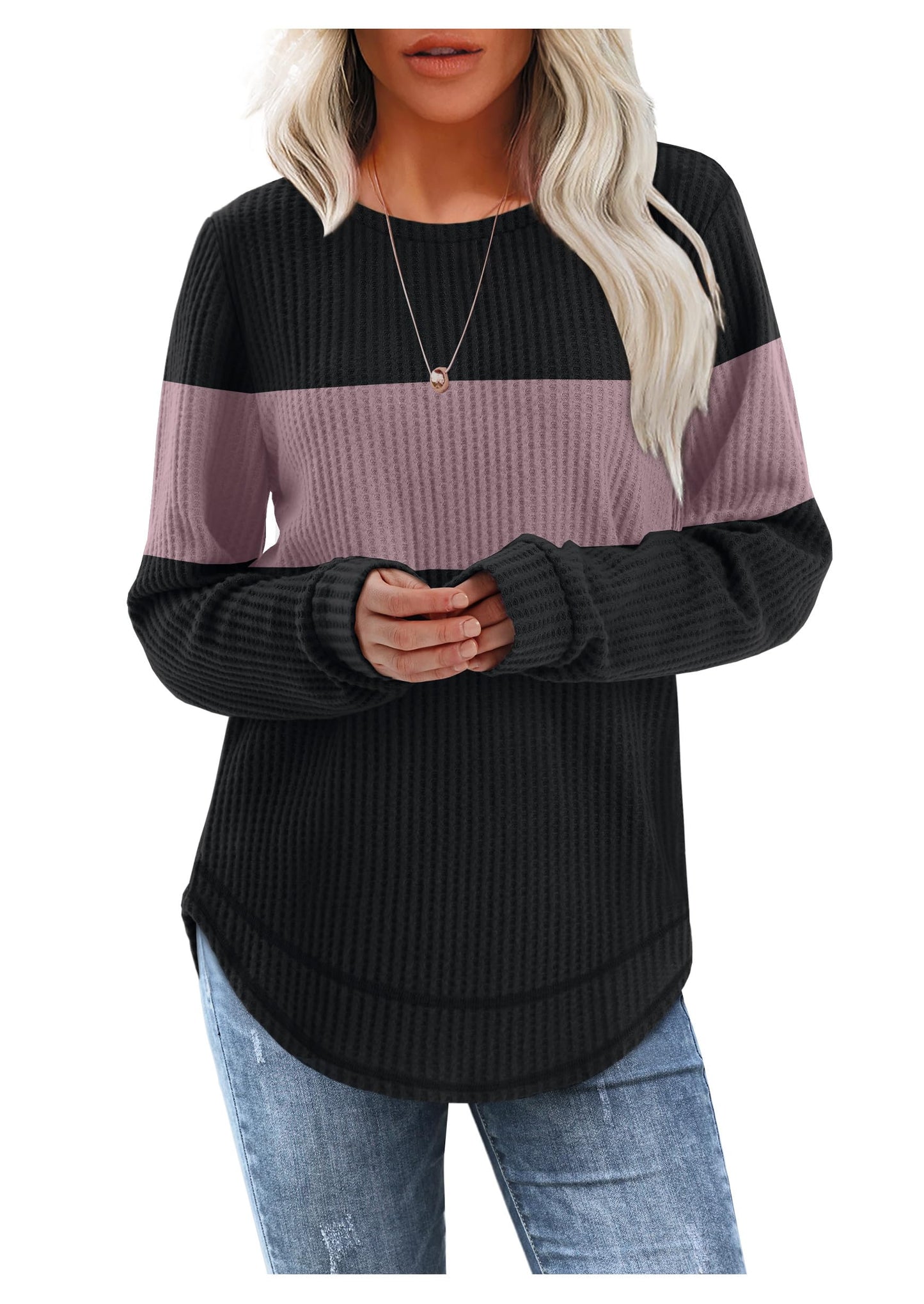 Women's Tunic Tops - Loose Fit Waffle Knit Long Sleeve Crewneck Sweaters