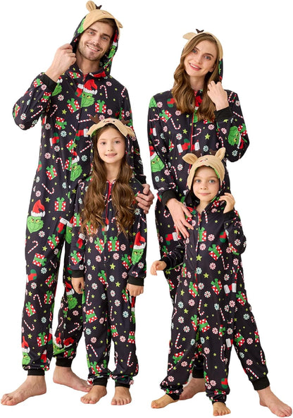 Matching Christmas Onesies for Family - Zip Up One-Piece Holiday Pajamas Black