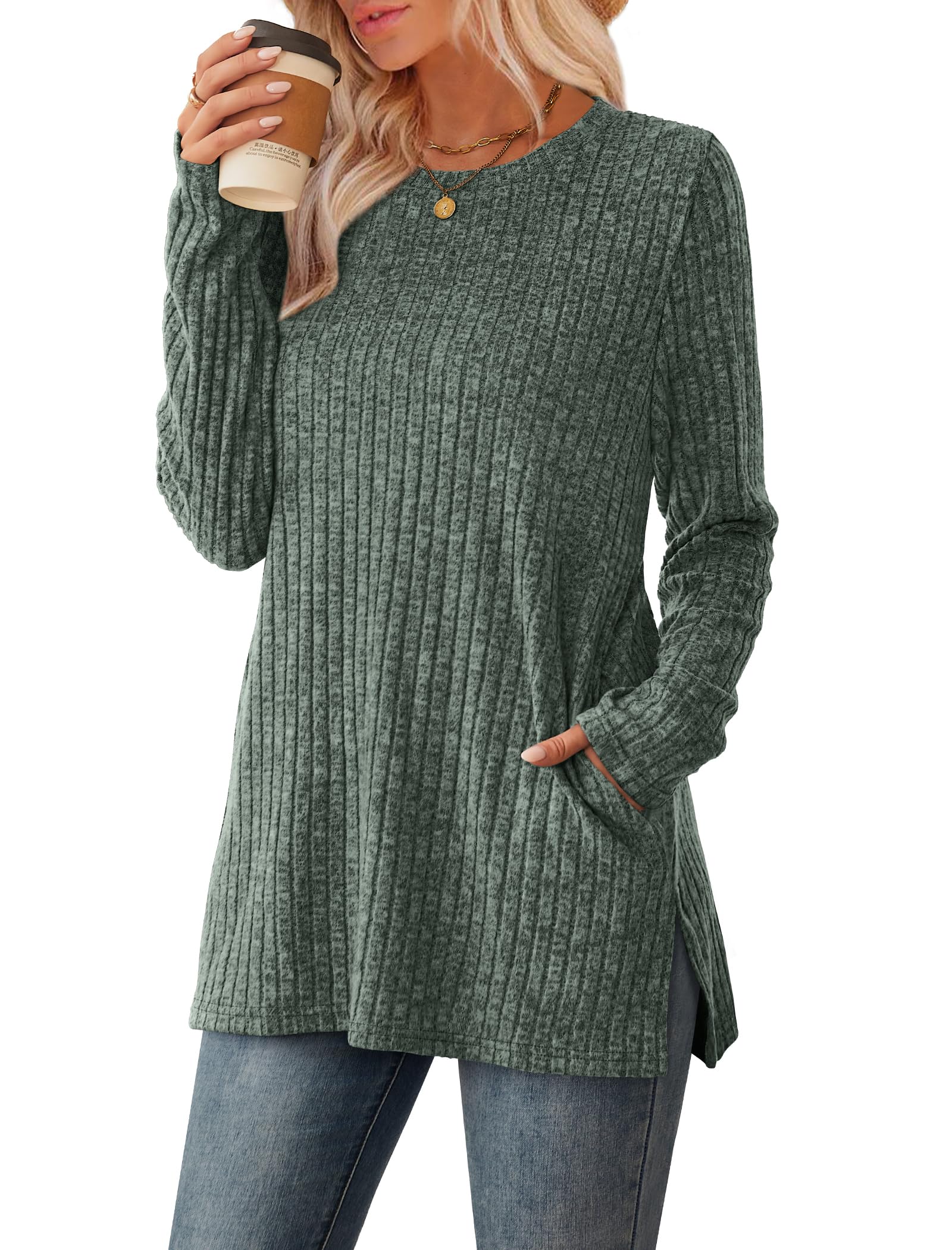 Women's Crewneck Sweater with Pockets - Long Sleeve Tunic Top with Side Slits