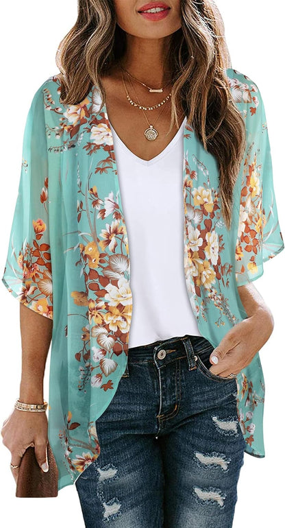Floral Print Kimono Cardigan Women Puff Sleeve Cover Up Casual Blouse Loose Top