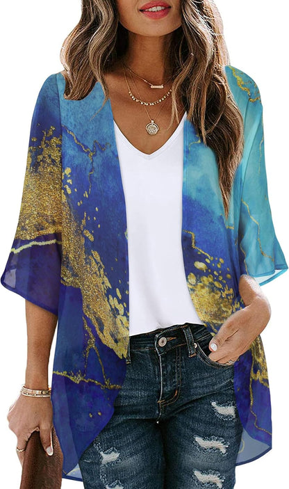 Floral Print Kimono Cardigan Women Puff Sleeve Cover Up Casual Blouse Loose Top Gloden Blue