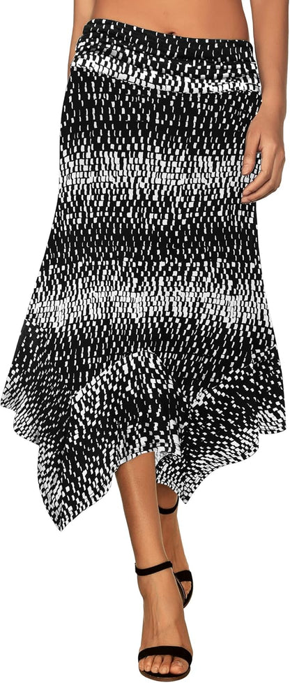 Women's Flowy Handkerchief Hemline Midi Skirt - Elastic Waist Asymmetrical Hem Black White