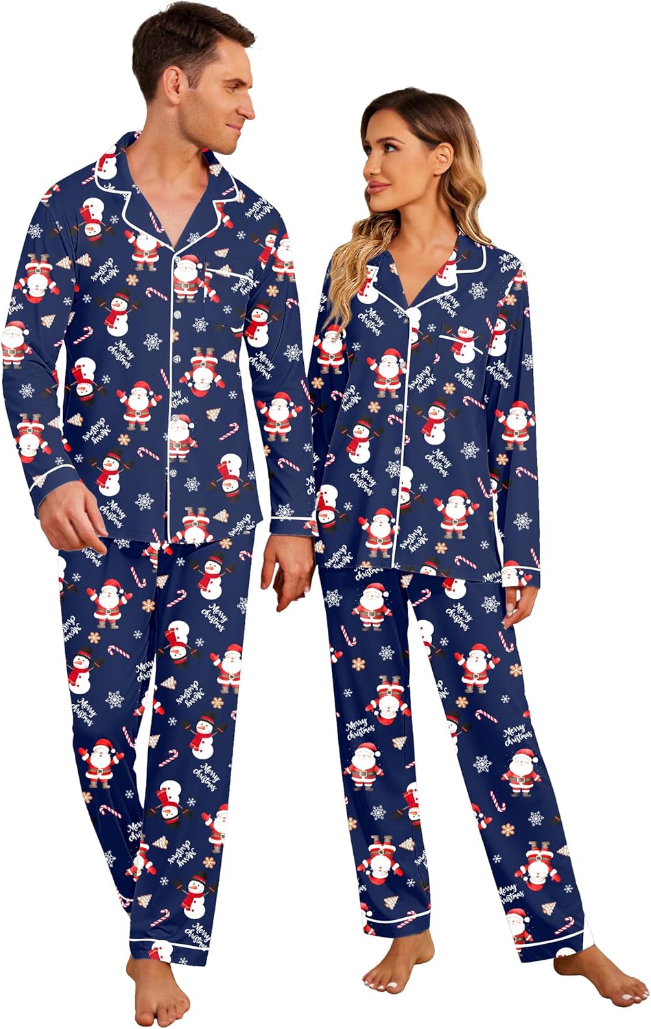 Christmas Family Matching Pajamas - Long Sleeve Button Down PJ Set Navy Snowman Women