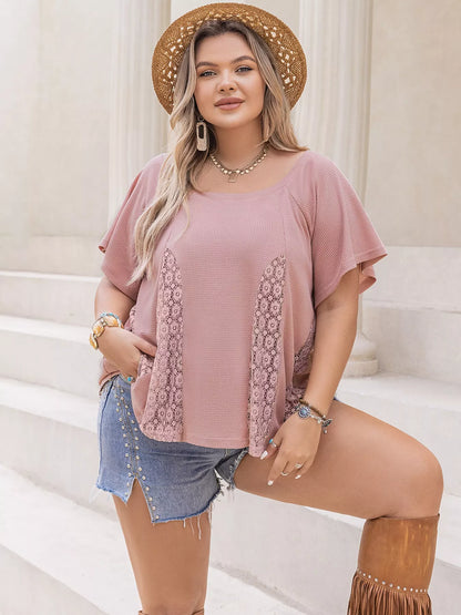 Plus Size Lace Detail Round Neck Short Sleeve T-Shirt
