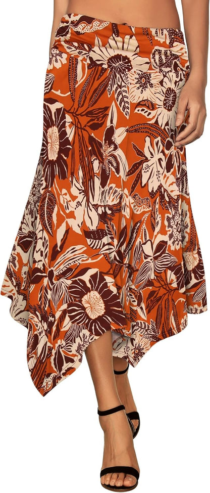 Women's Flowy Handkerchief Hemline Midi Skirt - Elastic Waist Asymmetrical Hem Orange Tropical