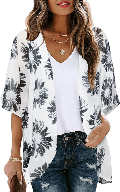 Floral Print Kimono Cardigan Women Puff Sleeve Cover Up Casual Blouse Loose Top