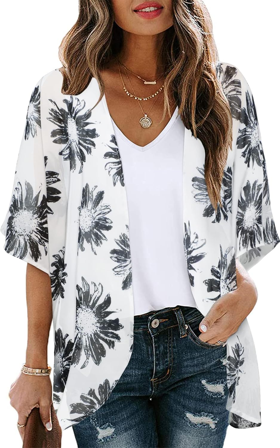 Floral Print Kimono Cardigan Women Puff Sleeve Cover Up Casual Blouse Loose Top Dasiy White