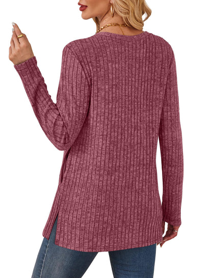 Women's Crewneck Sweater with Pockets - Long Sleeve Tunic Top with Side Slits