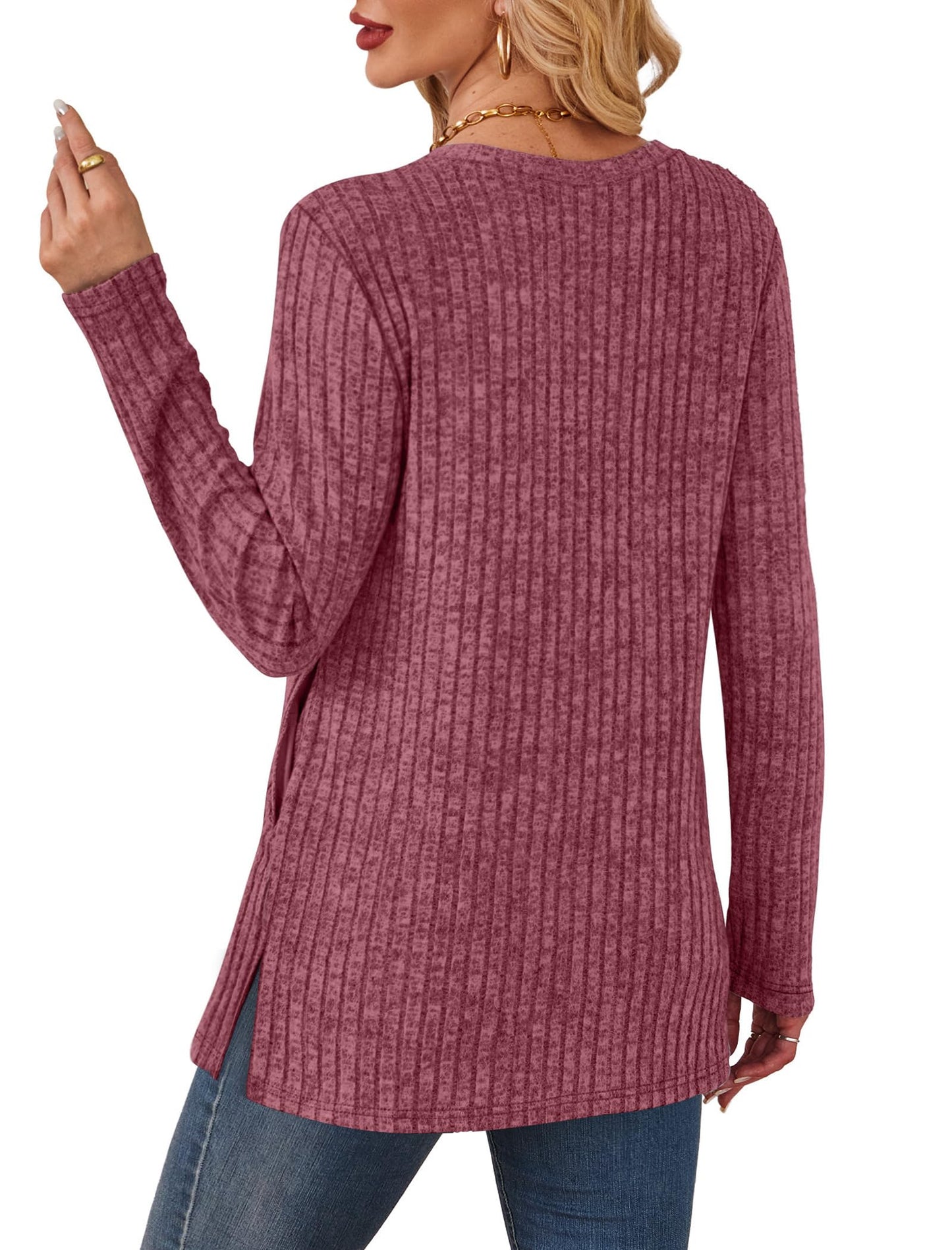 Women's Crewneck Sweater with Pockets - Long Sleeve Tunic Top with Side Slits