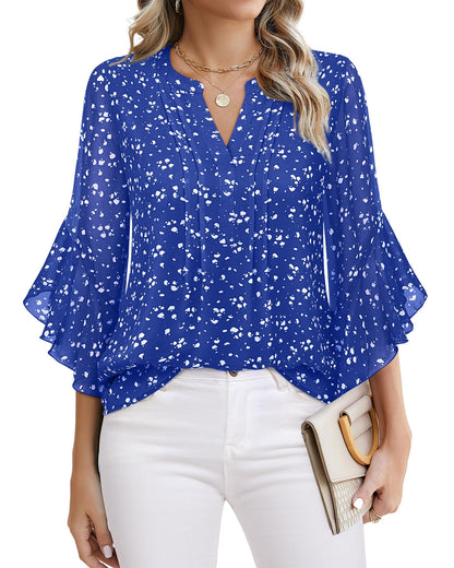 Beautiful Blouses For Ladies - Women's 3/4 Sleeve Chiffon Blouse Dressy Business Casual Work Shirt Spotted Blue