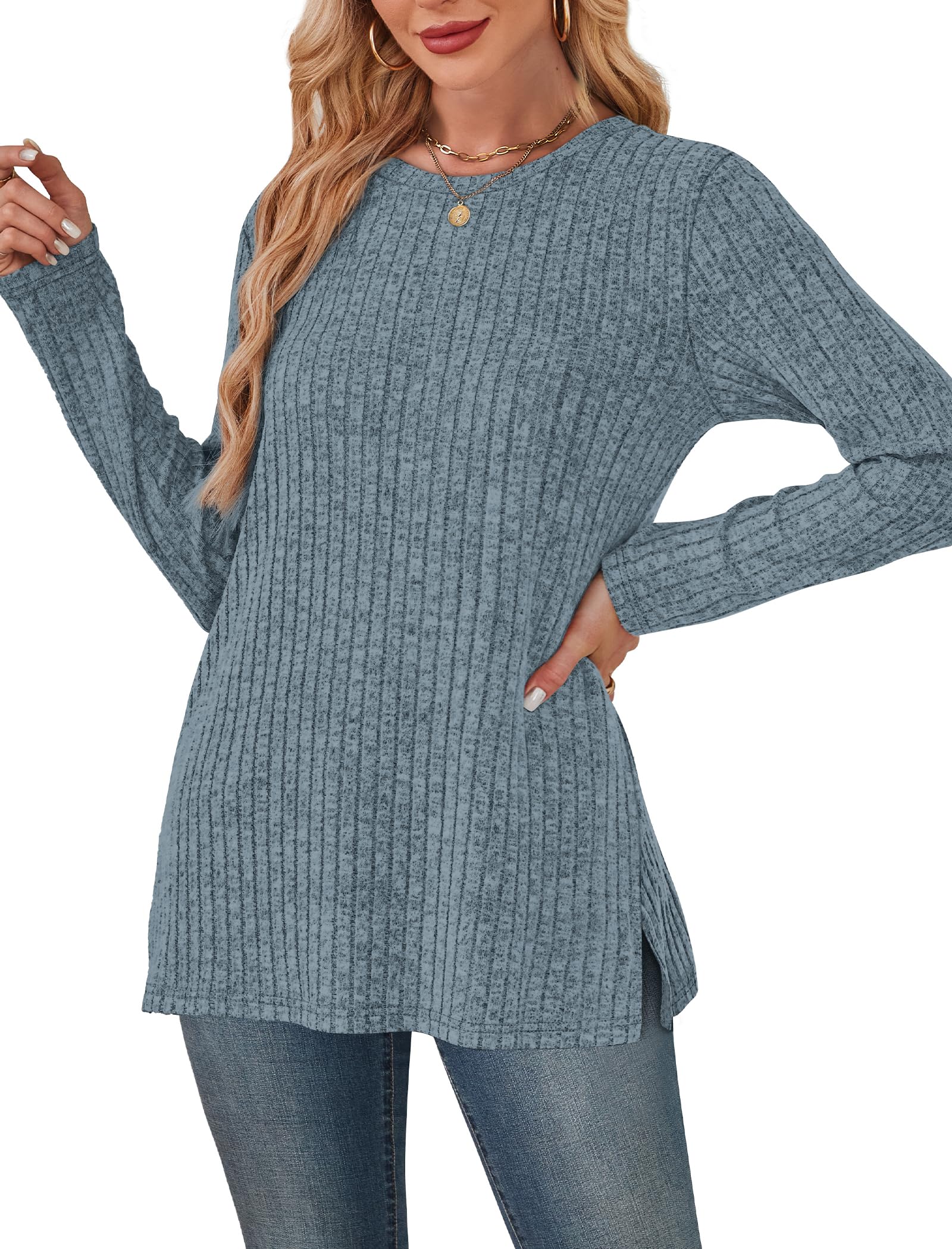 Women's Crewneck Sweater with Pockets - Long Sleeve Tunic Top with Side Slits