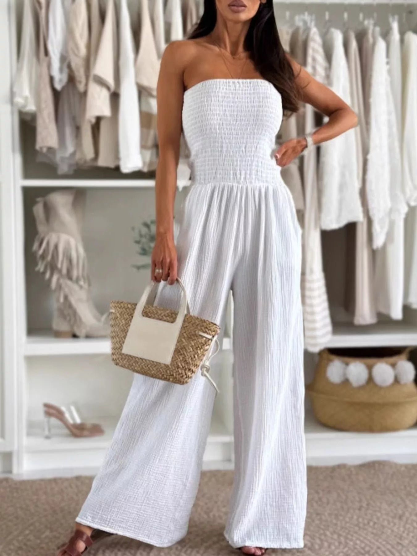 Smocked Tube Wide-Leg Jumpsuit White