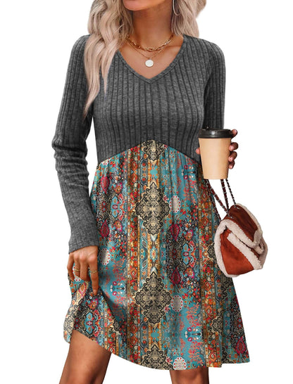 Women's Long Sleeve Sweater Dress - V Neck Empire Waist Babydoll Dress with Pockets T-greyblue Orange Floral